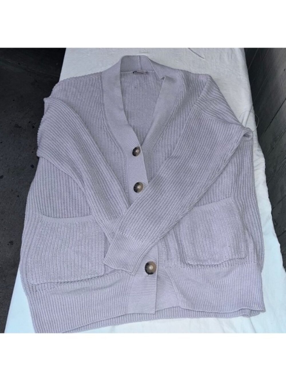 SO Goods For Life Womens Cardigan Sweater Size L‎ Lilac Knit Open Front Pockets
